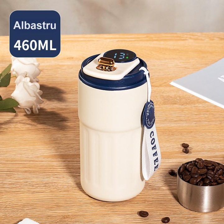 Cana de cafea portabila, afisaj temperatura, inox, 420ml, albastru