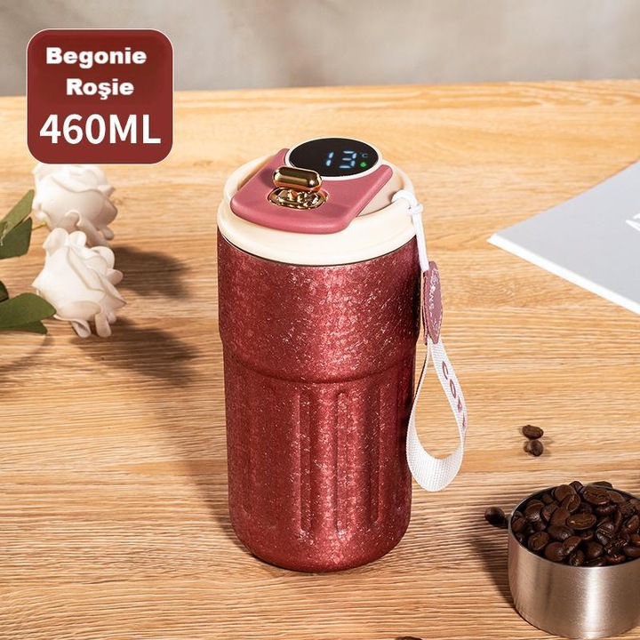 Cana de cafea portabila, afisaj temperatura, design compact, inox, 420ml