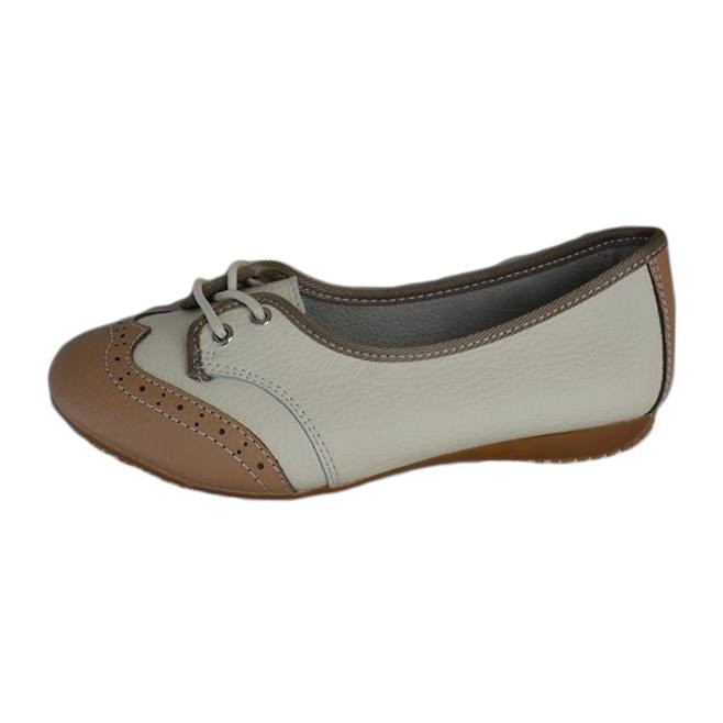 Balerini din piele cu siret, D&J Exclusive, Crem