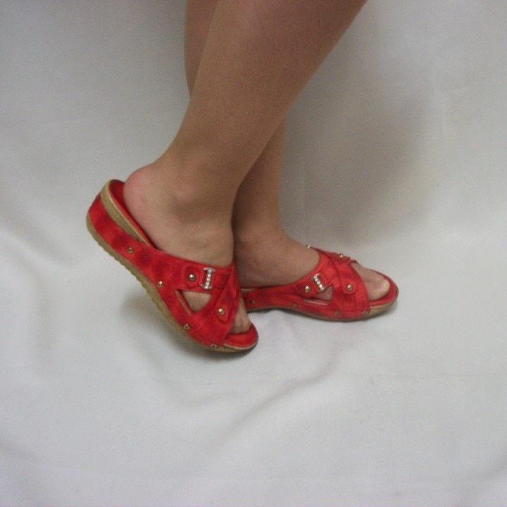 Papuci de vara din piele naturala, cu aspect marmurat,D&J ,Exclusive, Rosu, 37