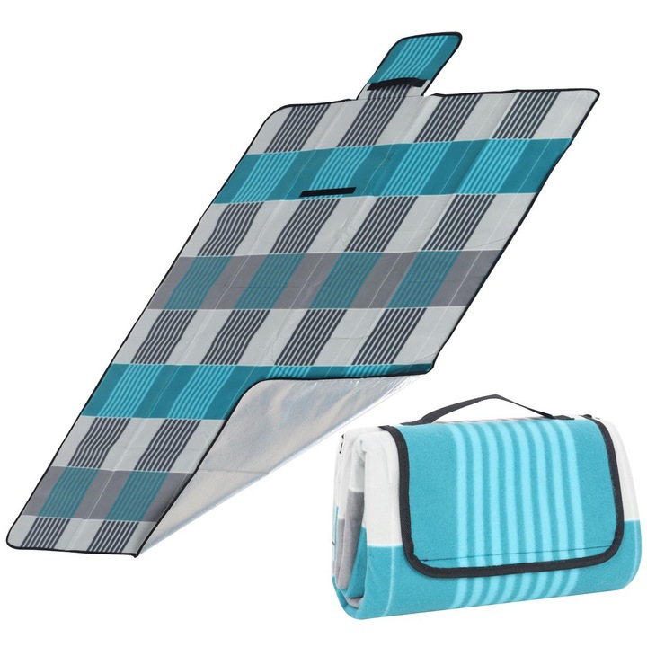 Patura picnic si plaja 150x120cm cu folie aluminiu Enero Camp, gri-albastru, usor de curatat