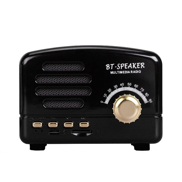 Boxa portabila wireless, mini, Speaker BT01 Retro Radio, TF Card, Bluetooth 4.1, 6h Autonomie, Negru