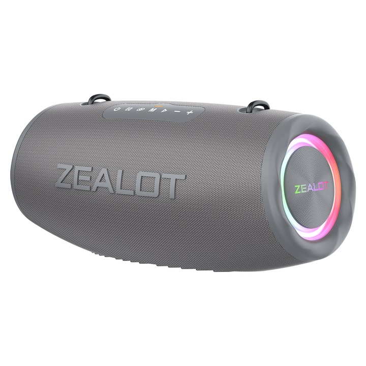 Boxa portabila, Zealot S87, Bluetooth 5.2, Waterproof, Lumini RGB, 6h Autonomie, Gri