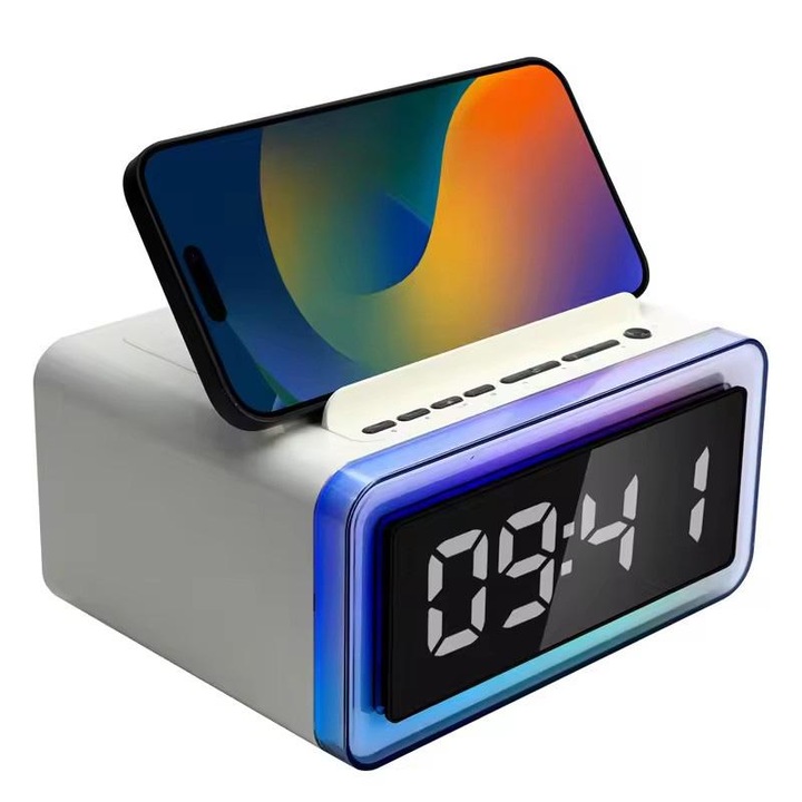 Boxa portabila wireless, mini, P14 Clock Alarm, 10W Wireless Charger, Bluetooth 5.3, LED Alb, Desktop Speaker