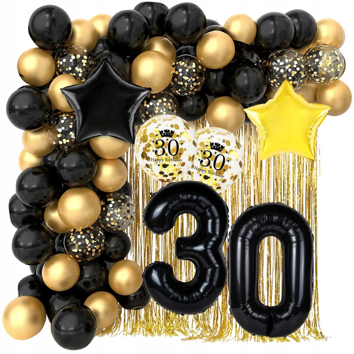 30. születésnapi lufikészlet, Lewer, fekete és arany számok, 1 banner, 27 lufi, 100cm x 200cm