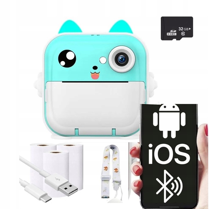 Aparat foto instantaneu Lewer, 48Mpx, imprimare termica, 11x11x4.5cm, negru, set cu 3 role gratuite si card de 32GB