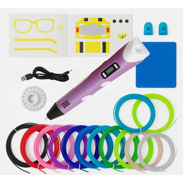 Set Mare De Creion 3d Lewer® Cu Filament 1.75mm, 20 Culori, 110 M + Suport De Design Din Silicon + Carte De Sabloane + Degetare Din Silicon, Imprimanta 3D, Culoare Violet / Alb