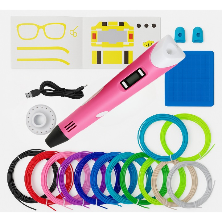 Set Mare De Creion 3D LEWER® Cu Filament PLA 1.75mm, 20 Culori, 110 M + Suport De Design Din Silicon + Carte De Sabloane + Degetare Din Silicon, Compatibil Cu PLA Si ABS, Imprimanta 3D, Motor Metalic, Duza Ceramica, Culoare ROZ