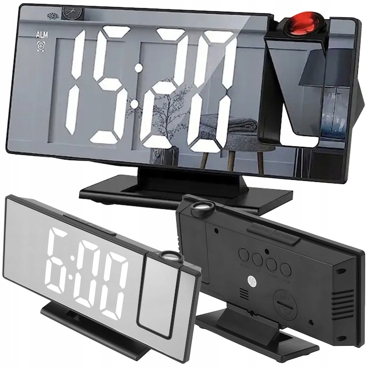 Декоративен часовник Lewer, електронен будилник 4 в 1, LED проектор, огледало, черен, 18.5x7.5x4см