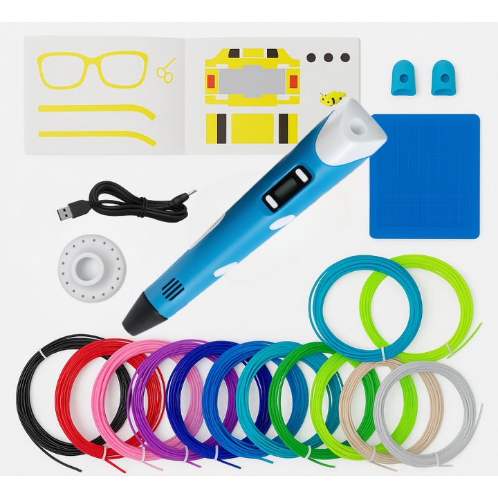 Голям комплект 3D писалка LEWER®️ с PLA нишка 1.75 мм, 20 цвята, 110 м + силиконова дизайнерска поставка + книга с шаблони + силиконови напръстници, съвместима с PLA и ABS, 3D принтер, метален мотор, керамична дюза, син цвят