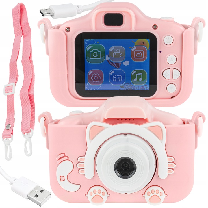 Aparat Foto Digital Pentru Copii, LEWER, Model X5, Design Pisica, Full HD 1080p, 12 Mpix, Ecran 2", Functie Foto / Video, Jocuri Integrate, Microfon, Cadou Ideal, Jucarie Educativa Pentru Fete Si Baieti, Usor De Folosit, Roz