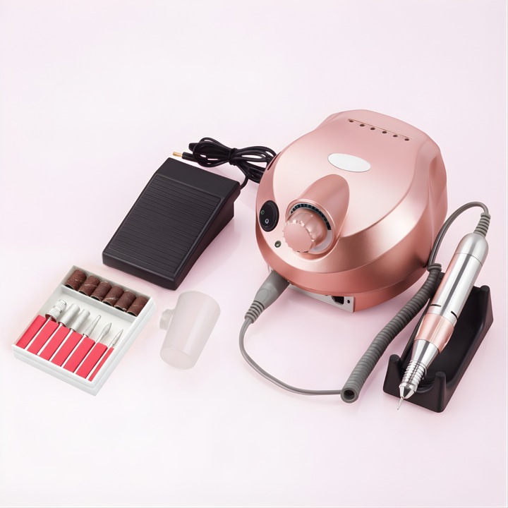 Freza Profesionala Unghii, LEWER, 65W, 35.000 RPM, Twist&Lock, Pedala, Schimbare Rotatie, Freze Diamantate, Cap Ceramic, Capace, Maner Ergonomic, Set Complet Pentru Manichiura si Pedichiura, Gel, Hibrid, Roz Auriu