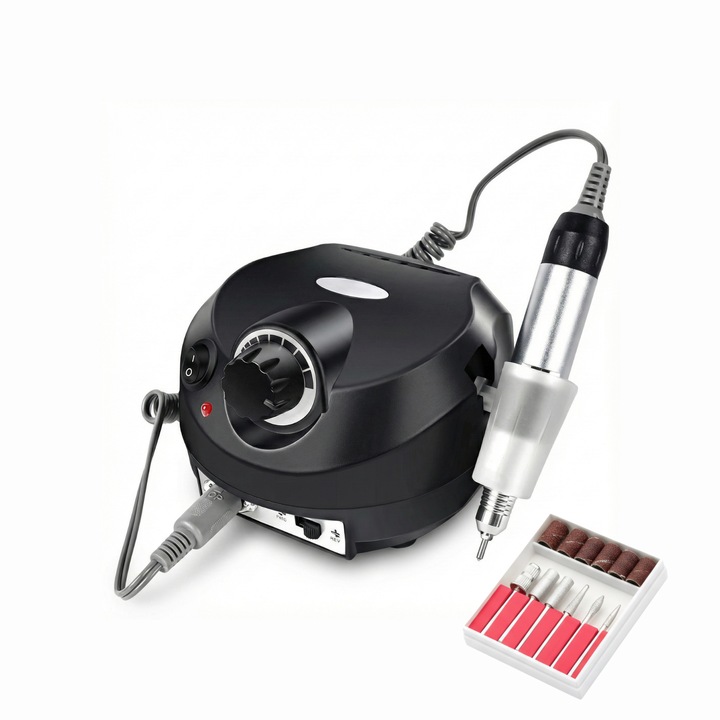 Freza Profesionala Unghii, LEWER, 65W, 35.000 RPM, Twist&Lock, Pedala, Schimbare Rotatie, Freze Diamantate, Cap Ceramic, Capace, Maner Ergonomic, Set Complet Pentru Manichiura si Pedichiura, Gel, Hibrid, Negru