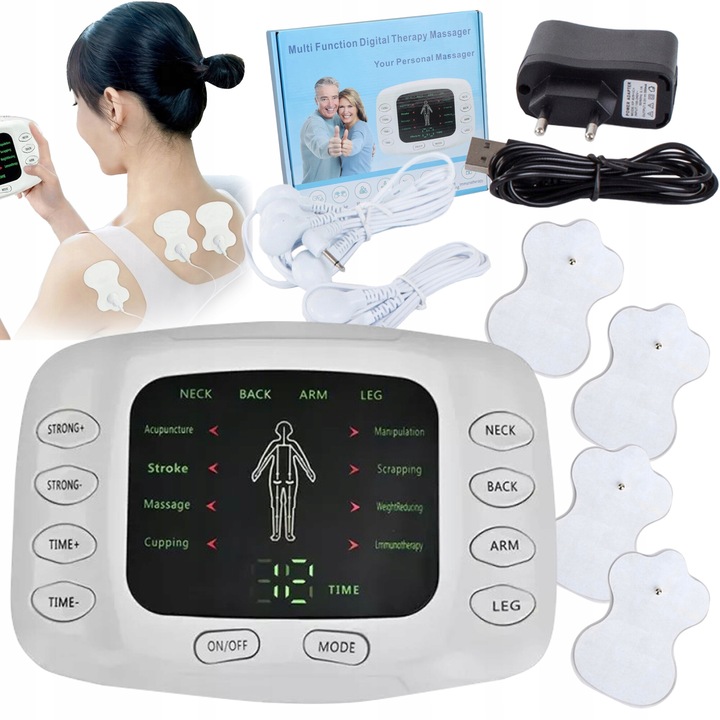 Lewer masszírozó, elektrostimulátor fájdalomcsillapító, 4 elektróda, 8 masszázsfajta, 12x17cm