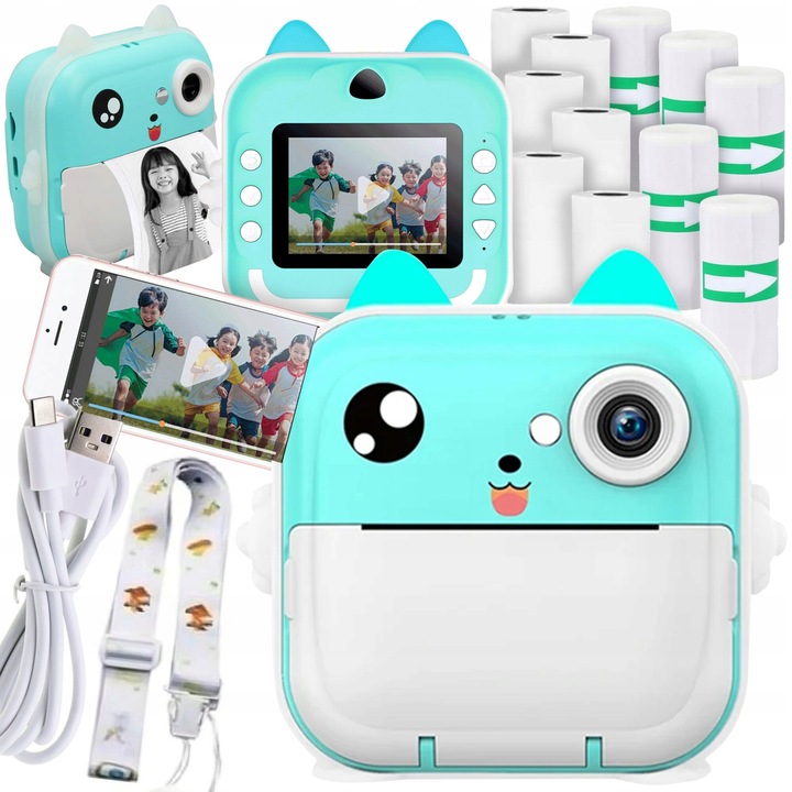 Mini aparat foto instantaneu Lewer, 11x11x4.5cm, Albastru/Alb