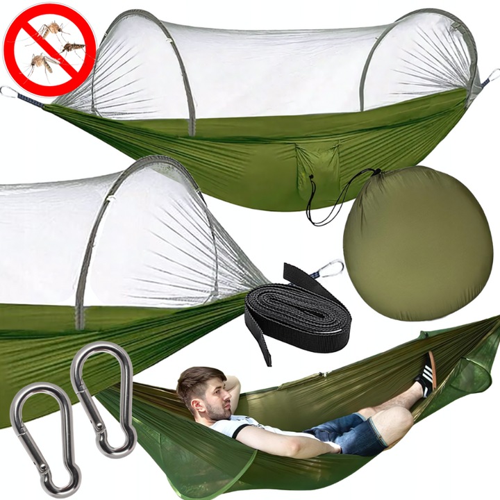 Hamac LEWER® Cu Plasa Anti-tantari, Respirabil Ultrausor, 800g, Portabil, Pentru Camping, Drumetii, Rezistent Pana La 250 kg, Nylon Militar 210T – Verde