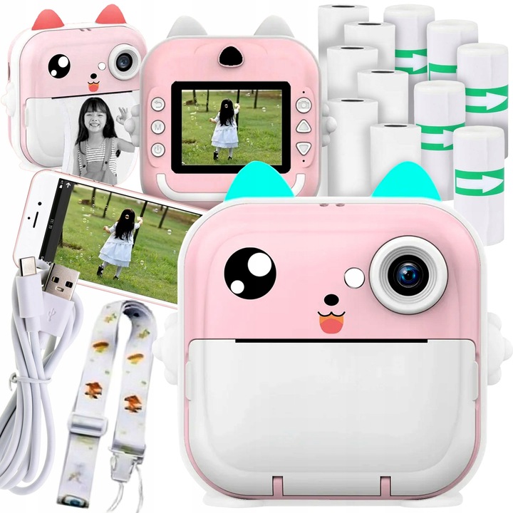 Aparat Foto Instant LEWER® 2.0 + 13 Role Hartie Gratuit, Portabil, Camera 48MP, Bluetooth, Aplicatie Fun Print, Imprimanta Termica, Jocuri Incluse, Roz
