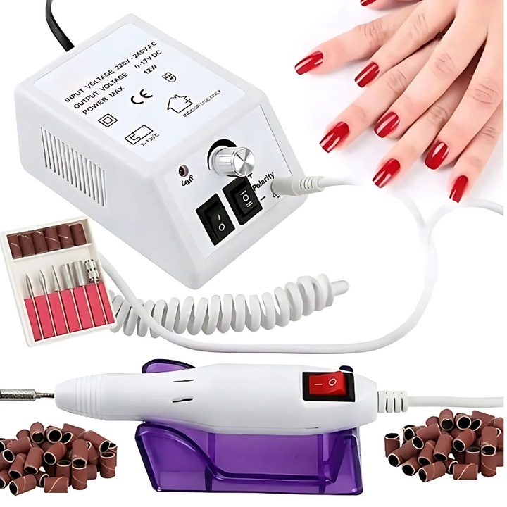 Freza Unghii Profesionala, LEWER, Freza Electrica, 20W, 20000 RPM, Twist&Lock, Schimbare Sens Rotatie, 5 Freze, Capace, Suport, Maner Ergonomic, Pentru Manichiura, Pedichiura, Gel, Hibrid, Cuticule, Set Complet Freza, Alb