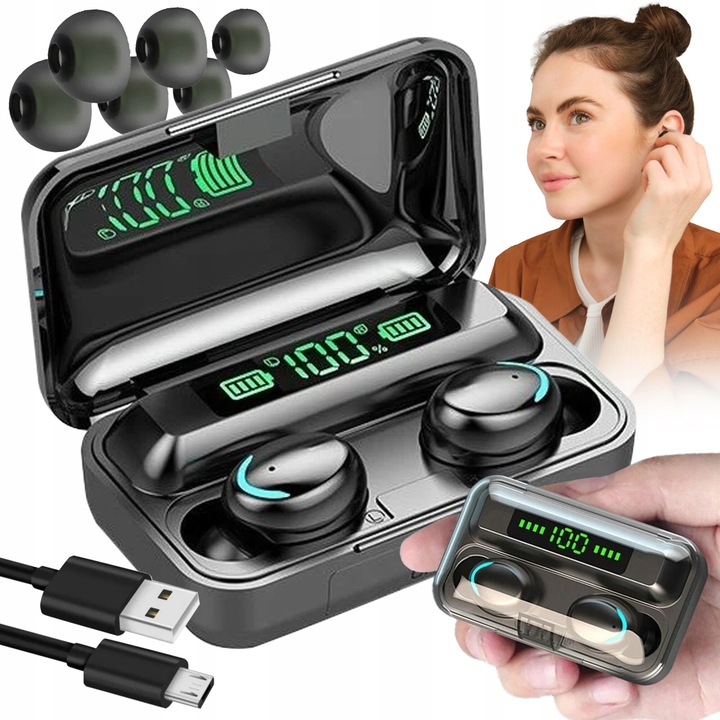 Безжични слушалки Lewer TWS F9+, Bluetooth 5.1, powerbank, черни