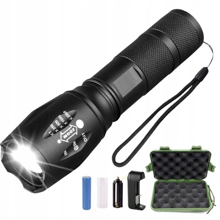Lanterna LED CREE XM-L T6, LEWER, 1800 lumeni, functie zoom, neagra, cu acumulator 18650-6800mAh