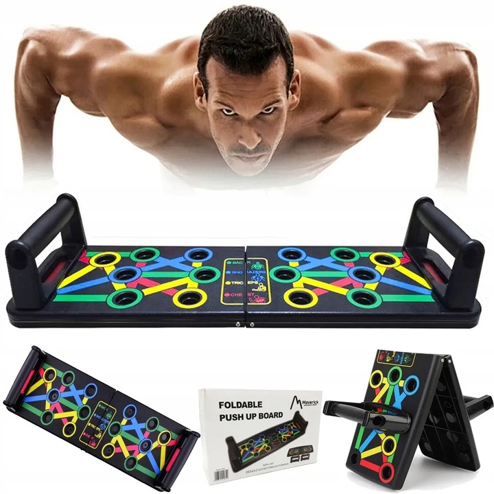 Platforma Pliabila Pentru Flotari, LEWER®️ 14 in 1, Ideal Pentru Antrenament La Domiciliu, Diferite Setari, Piept, Spate, Umeri, Triceps, Manere Auxiliare Antiderapante, Pliabil Si Usor De Transportat, 62 (2 x 31) × 18 × 1.7 cm, material ABS, Negru