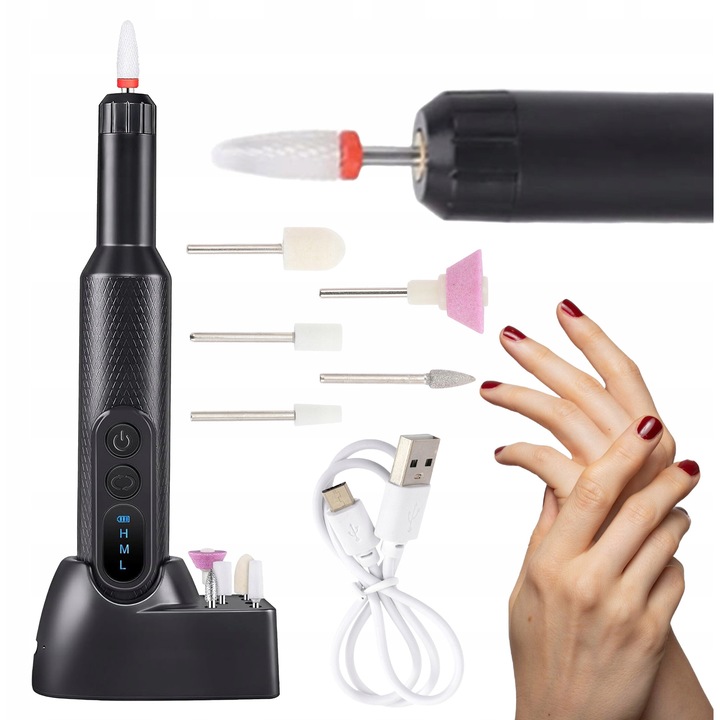 Freza Unghii Profesionala, LEWER, Wireless, Reincarcabila USB-C, 18000 RPM, Low Noise, 5x Freze Ceramice, 1x Freze Cu Diamant, Statie De Alimentare, Ecran LED, 2 Directii Rotatie, 3 Viteze, Pentru Manichiura / Pedichiura, Indepartare Gel / Hibrid, Negru