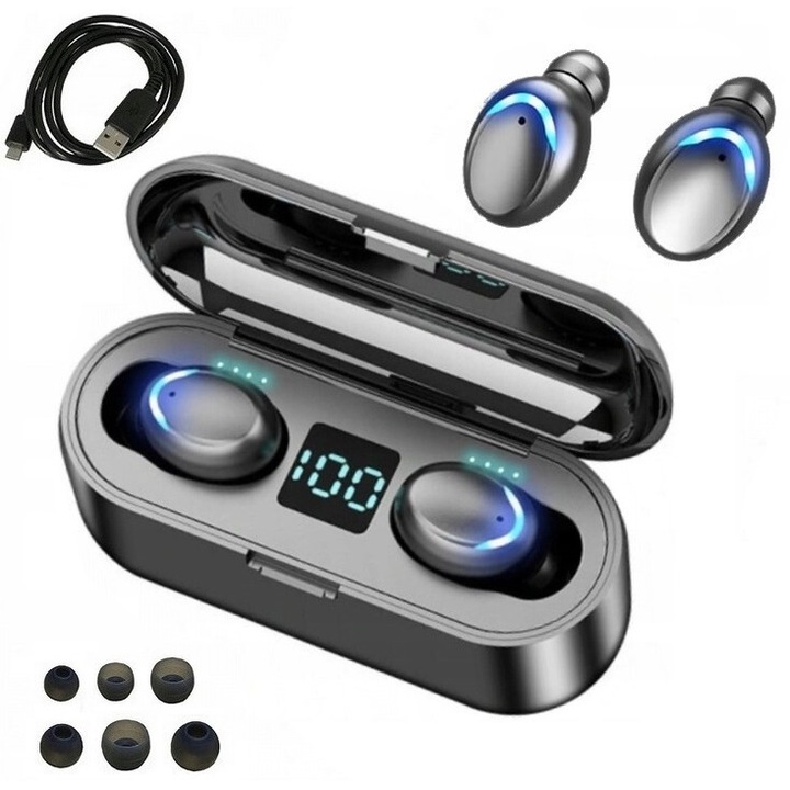 Безжични слушалки Lewer TWS F9, водоустойчиви, микрофон, powerbank, Bluetooth 5.1, черни