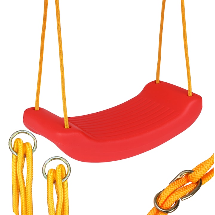 Leagan Pentru Copii LEWER®️ Din Plastic Rezistent, Interior/Exterior, Cu Franghii Reglabile Si Capacitate 100 kg, 3+ Ani, 43 x 17 Cm, Culoare Rosu