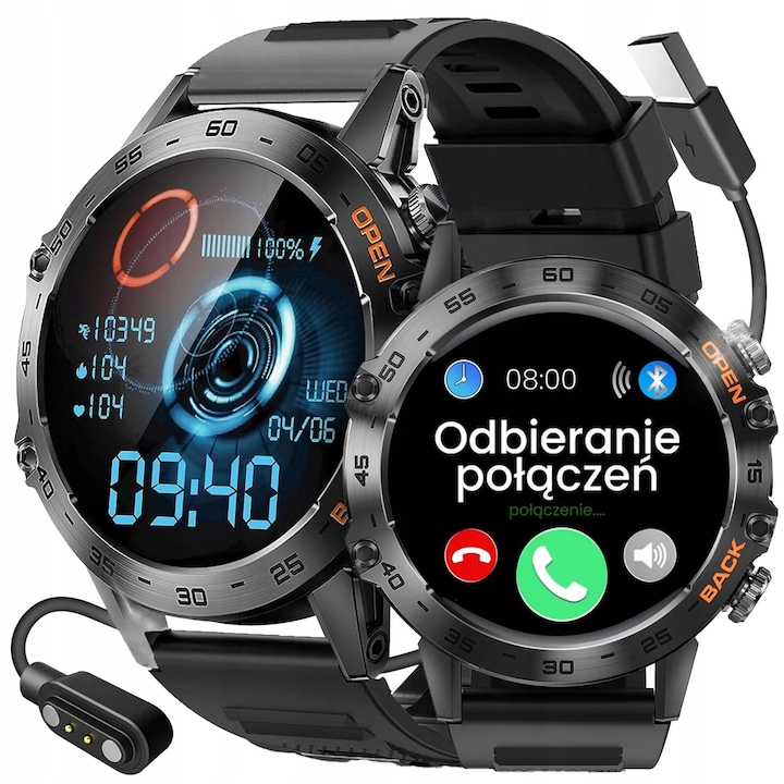 Ceas smartwatch Lewer, 360x360, negru, functie de apelare, rezistent la apa