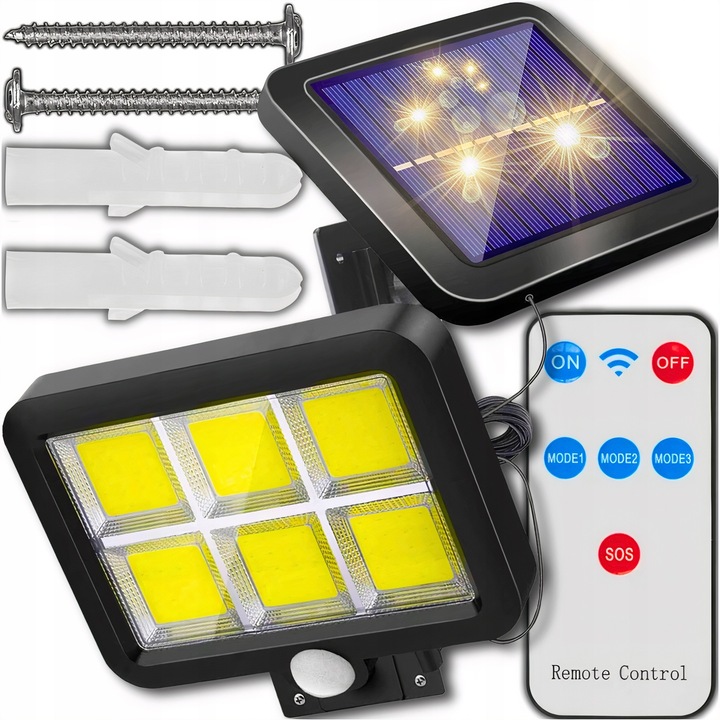 Napelemes lámpa mozgásérzékelővel, Lewer, 120 LED COB, vízálló, fekete, komplett szett