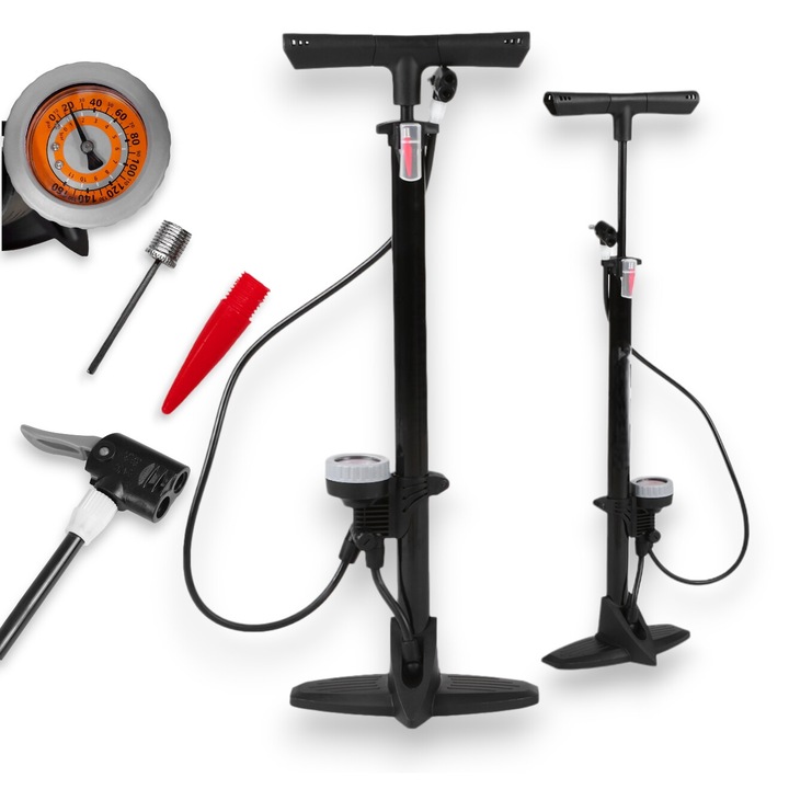 Pompa bicicleta Lewer cu manometru, inaltime 63x113cm, culoare neagra, set complet accesorii