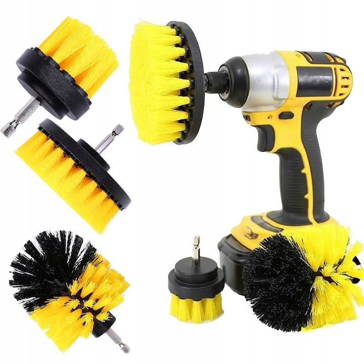 Set de 5 perii de curatare pentru bormasina, Lewer, material plastic si otel inoxidabil, galben-negru