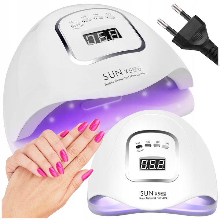 Lampa Profesionala Unghii UV LED, LEWER, MODEL X5 MAX, 80W, 45 LED-uri Dual, Timer 10s/30s/60s/99s/120s, Cu afisaj LCD, Senzor de Miscare, Low Heat Mode, Uscare Rapida Gel si Lac Hibrid, Fund Detasabil, Manichiura/Pedichiura Acasa si Salon, Alb