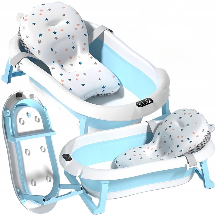 Cadita Bebelusi Pliabila LEWER®️, 0-24 Luni, Fara BPA, cu Pernuta Moale din Material Hipoalergenic Plutitoare Design de Mentinere a Temperaturii, Termometru Incorporat, LCD, Suport Cap de Dus, Picioare Antiderapante, Lavabil cu Uscare Rapida, Albastru