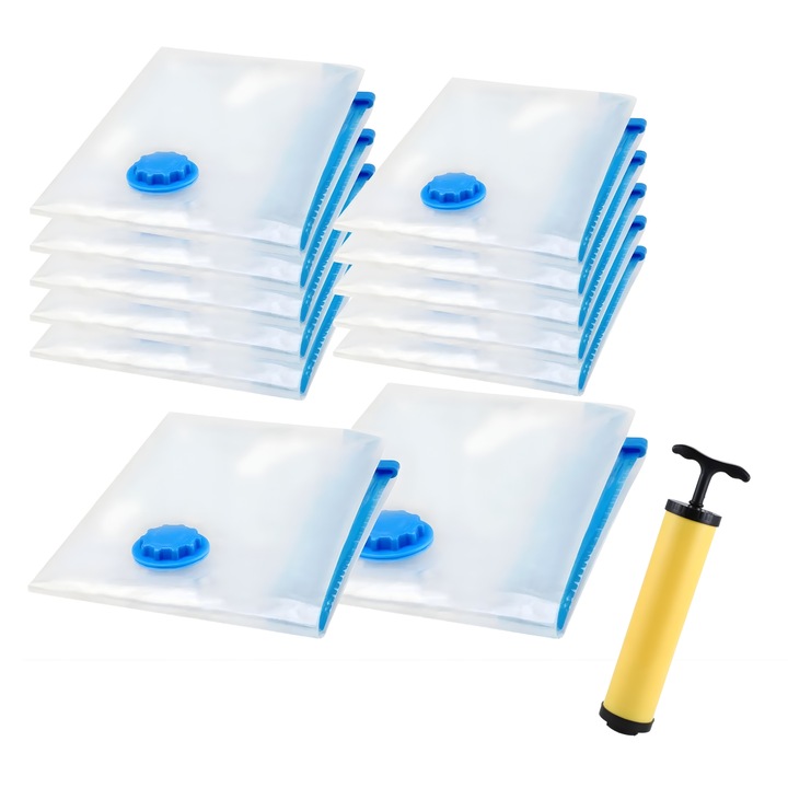 Set 12 Saci Vidat Haine LEWER, Pompa Inclusa, Usor de Folosit, (5 * 40x60cm + 5 * 50x70cm + 1 * 60x70cm + 1 * 70x90cm), Transparent