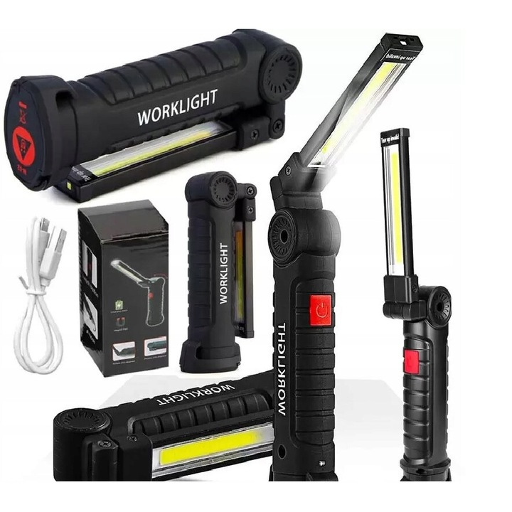 Lanterne Lewer, lampa de lucru cu magnet, incarcare USB, 5 moduri, 19x3.5cm, neagra, set complet