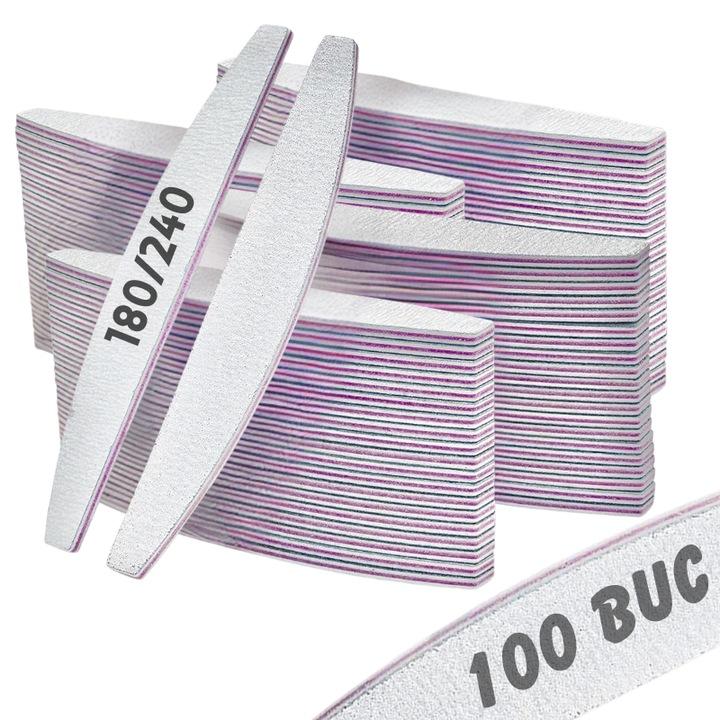 Set 100 Bucati Pile Unghii Profesionale LEWER®️, Refolosibile cu Granulatie Dubla 180/240 Design Boat / Semiluna Zebra pentru Modelare, Finisare si Intretinere Unghii Naturale si Artificiale Manichiura Pedichiura, Miez Acrilic, EVA, Gri / Violet