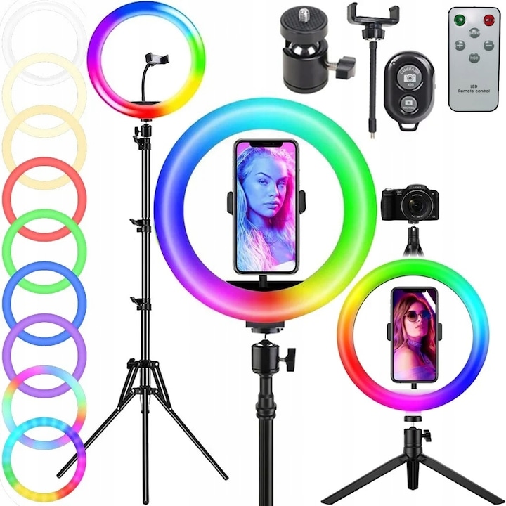 Lampa ring LED RGB cu 2 stative, suport telefon, 18 culori, 220cm