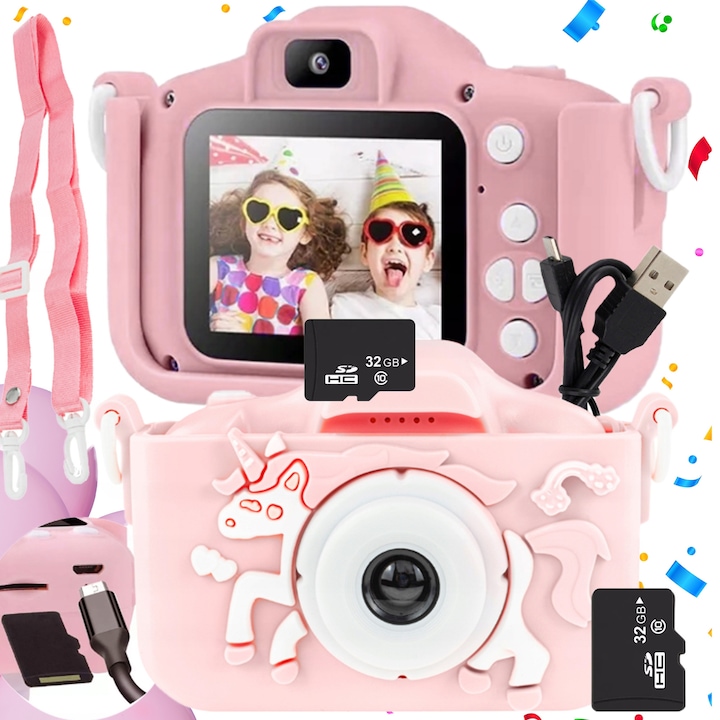 Aparat Foto Digital Pentru Copii, LEWER, Model X5, Design Unicorn, Full HD 1080p, Ecran 2", Functie Foto/Video, Jocuri Integrate, Microfon, Card Memorie 32 GB Inclus, Cadou Ideal, Jucarie Educativa Pentru Fete Si Baieti, Usor De Folosit, Roz