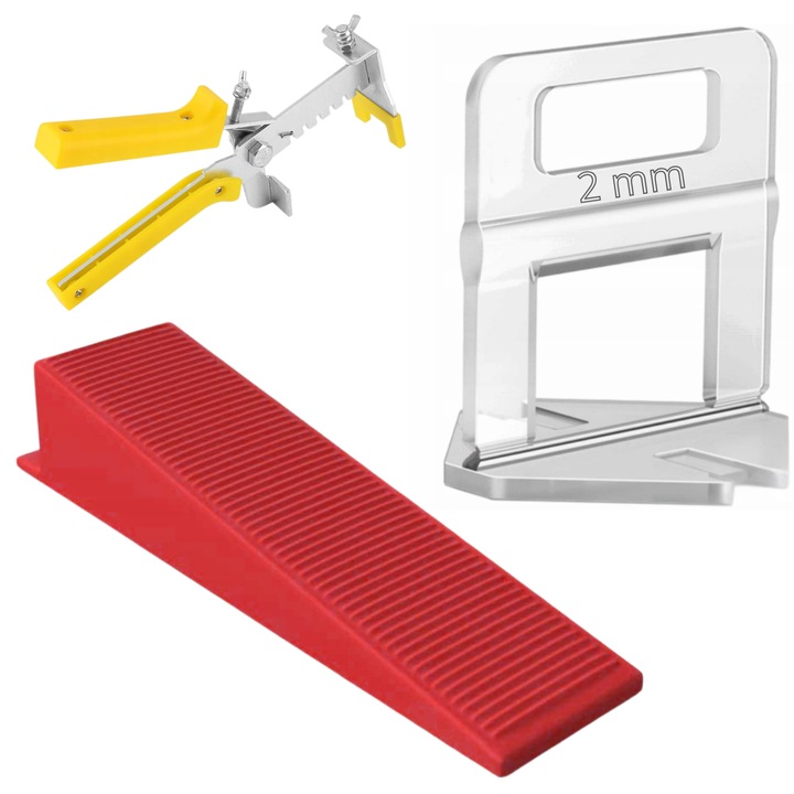 Set 500 Clipsuri LEWER®️ 2.0 mm Pentru Placi Ceramice Cu Grosime Intre 3 -12 mm, Dimensiune Rost 2mm Si 100 Pene LEWER®️, Refolosibile, Universale Pentru Clipsurile, Cleste Metalic Pentru Asamblare Mai Rapida, Sistem De Nivelare, Transparent / Rosu