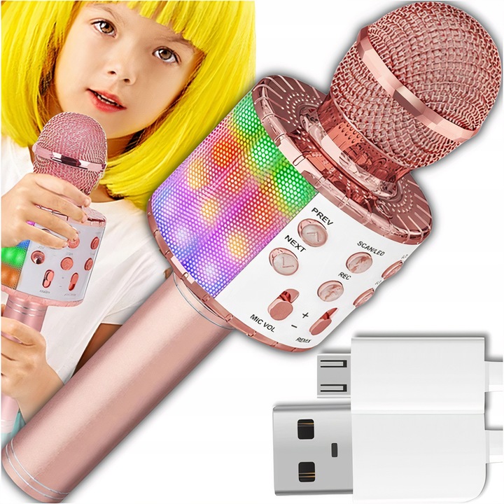 Microfon Karaoke Copii Wireless, LEWER, Bluetooth, Cu Difuzor, Cazma, Inregistrare, Slot Pentru Card SD, AUX, Efecte Vocale, Functie De Schimbare A Vocii, Compatibil Cu IOS Si Android, Cadou Muzical Perfect Pentru Fetite Si Baieti, Auriu Roz, Set Complet