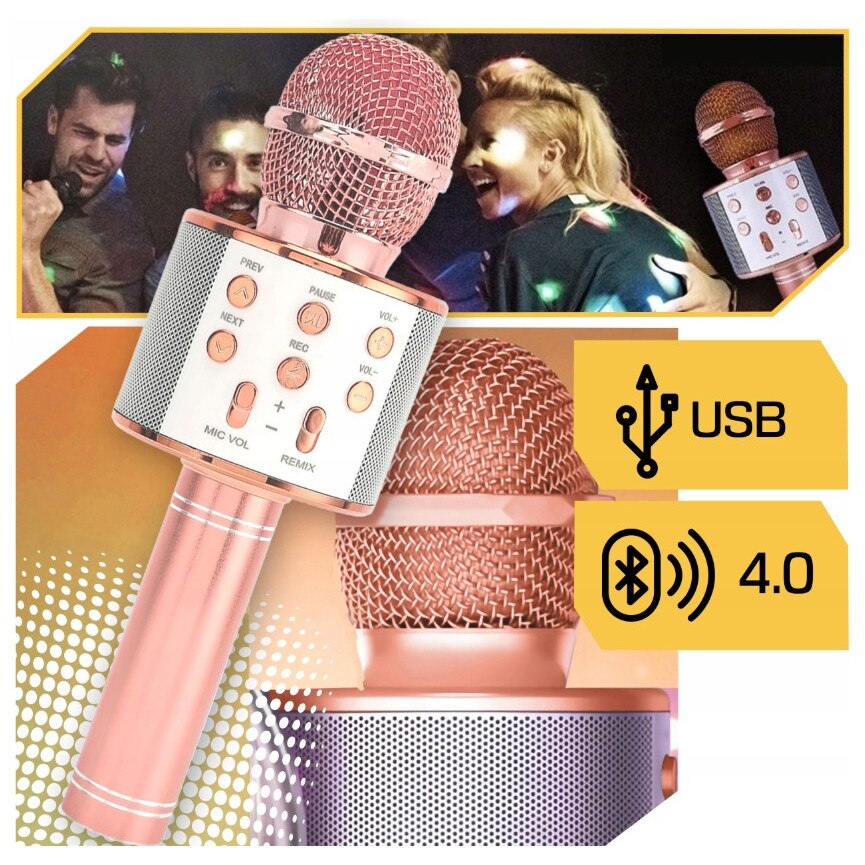 Microfon karaoke pentru copii, Lewer, roz, Bluetooth, 7,5x7,5x23cm ...