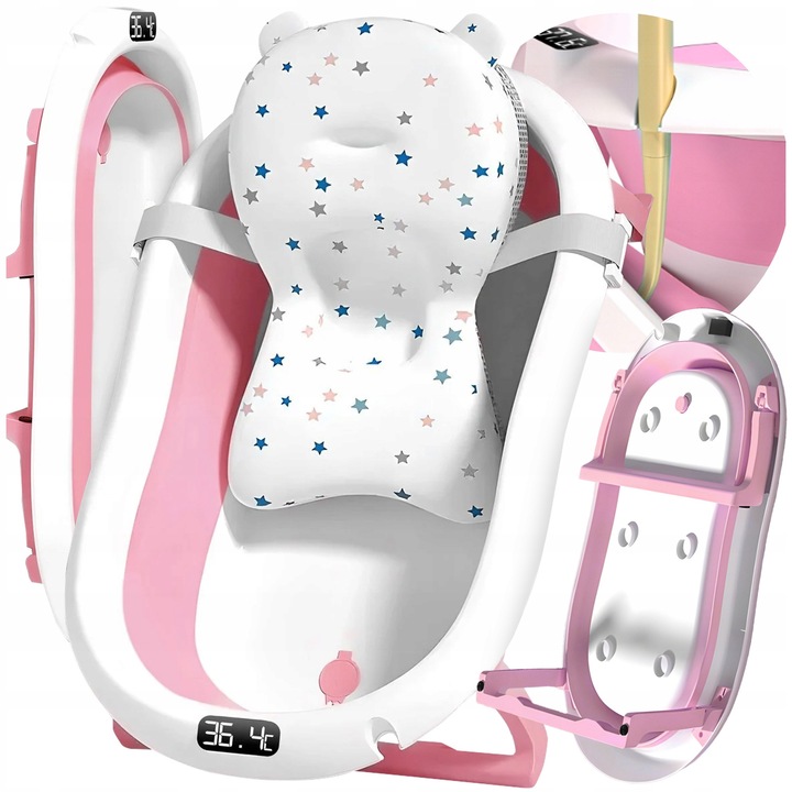 Cadita Bebelusi Pliabila LEWER®️, 0-24 Luni, Fara BPA, cu Pernuta Moale din Material Hipoalergenic Plutitoare Design de Mentinere a Temperaturii, Termometru Incorporat/Afisaj LCD, Suport Cap de Dus, Picioare Antiderapante, Lavabil cu Uscare Rapida, Roz