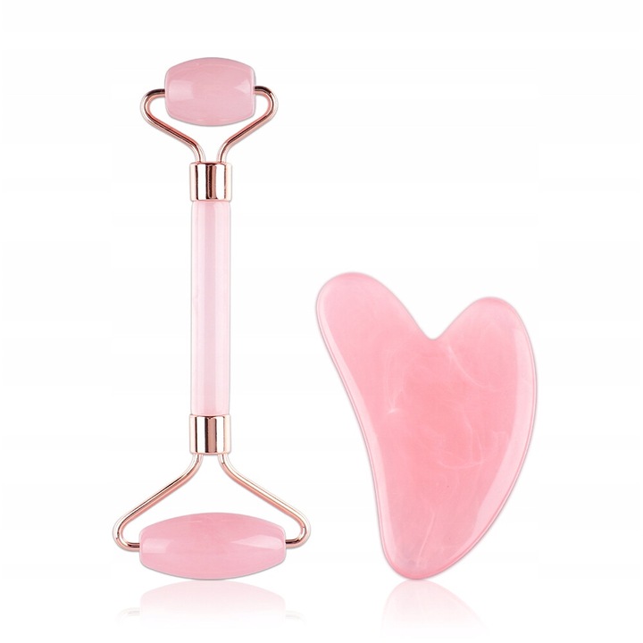 Ролер и масажен комплект Gua Sha, Lewer, розов, за лице