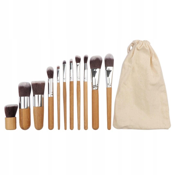 Set pensule de machiaj Lewer, 11 piese, bambus, hipoalergenic, cu etui