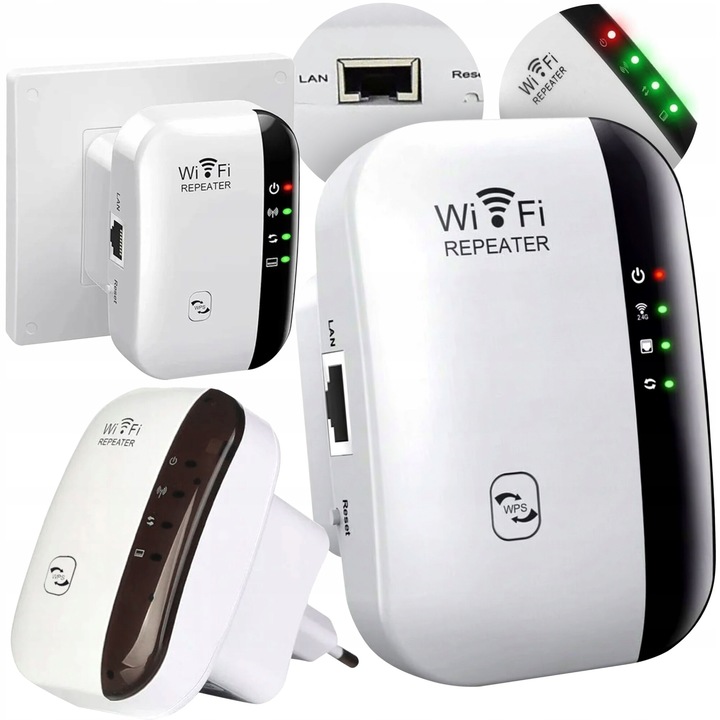 Amplificator Wi-Fi, LEWER, Wi-Fi Range Extender 300Mbps, 2.4GHz WLAN, Port LAN, 2 x Antene Integrate, Suporta WPA2, WPA si WEP, Amplificator Semnal Retea Wireless,10 utilizatori, Functie WPS, Ideal pentru Casa si Gradina, Alb/Negru