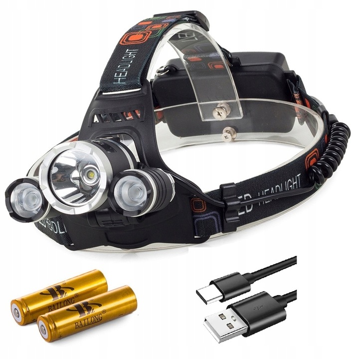 Lewer 3x T6 LED fejlámpa, 1200lm, 4 világítási mód, állítható, fekete