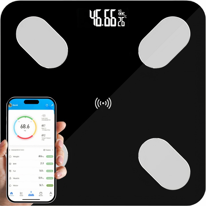 Cantar De Baie Inteligent Cu Aplicatie Smart, Lewer, Bluetooth, 26 cm x 26 cm, Smart, Ecran Digital Iluminat, Termometru, Suporta Maxim 180 Kg, Masa Musculara, Masa Grasa, Masa Apei, Masa Tesutului Osos, Bmi, 8 Utilizatori, Negru Glossy