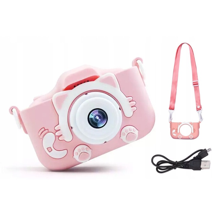 Дигитална детска камера Lewer X5, Розово, 32GB, С включени 5 игри, Пълен комплект