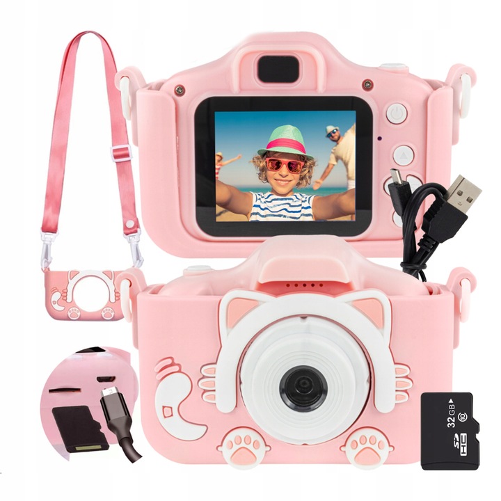 Дигитална детска камера Lewer X5, Розово, 32GB, С включени 5 игри, Пълен комплект